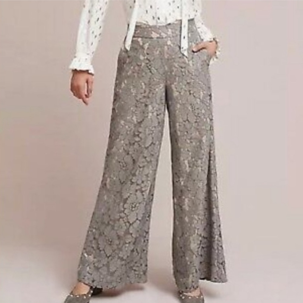 Anthropologie Feather Bone Gray Lace Wide-Leg Pants - Picture 1 of 7